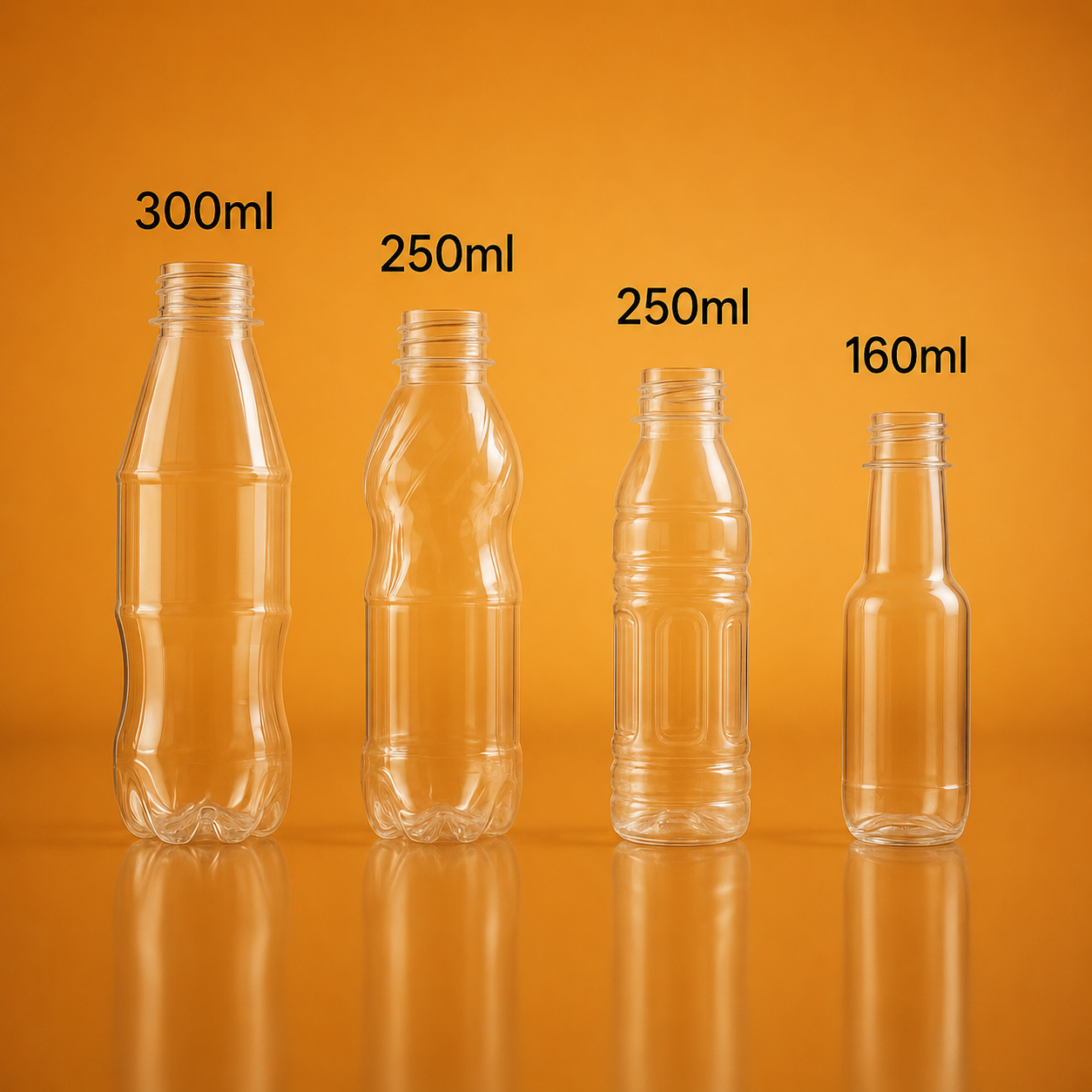 CSD Range Bottles PET bottle — 300ml, 250ml, 250ml, 280ml capacity, manufactured by Astr PET Industries